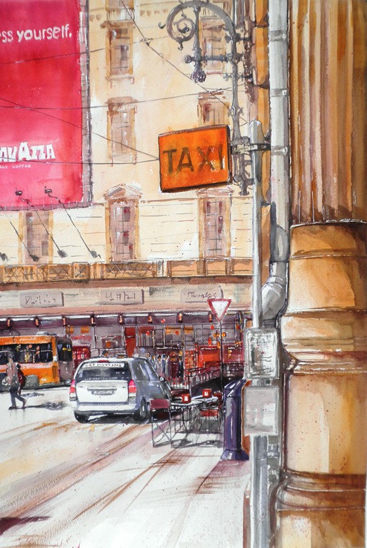 Taxi a Bologna Piazza Maggiore, acquerello 76x56